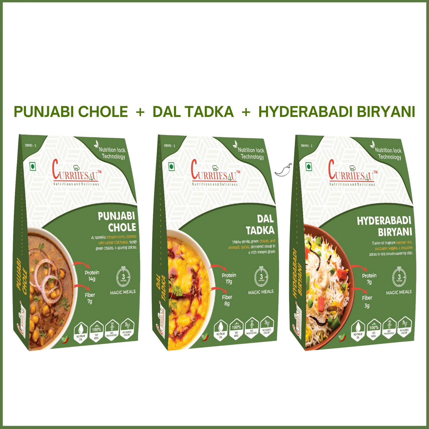 Punjabi Chole, Dal Tadka & Vegetable Hyderabadi Biryani – Pack of 3 | Ready-to-Eat Indian Meals