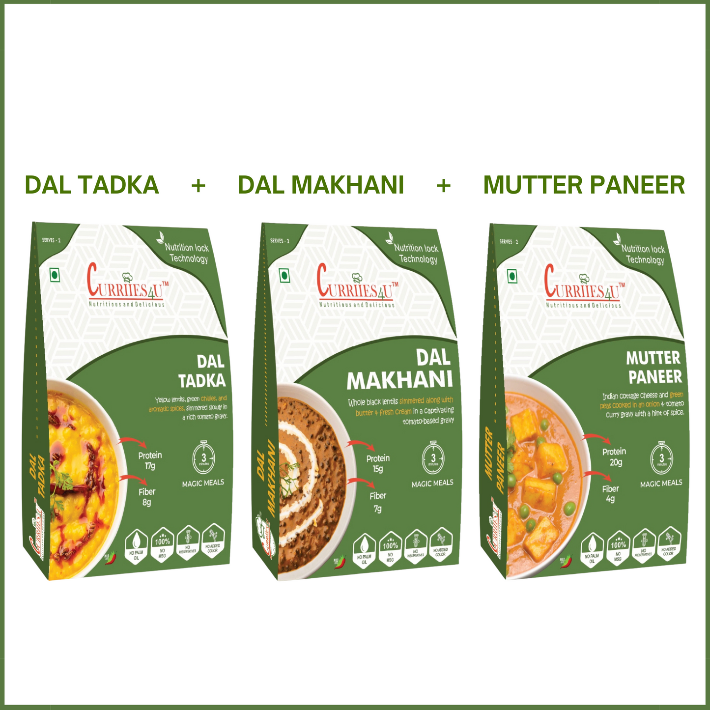 Dal Tadka + Dal Makhani + Mutter Paneer – Authentic Indian Meal Combo- Pack of 3 | Ready-to-Eat