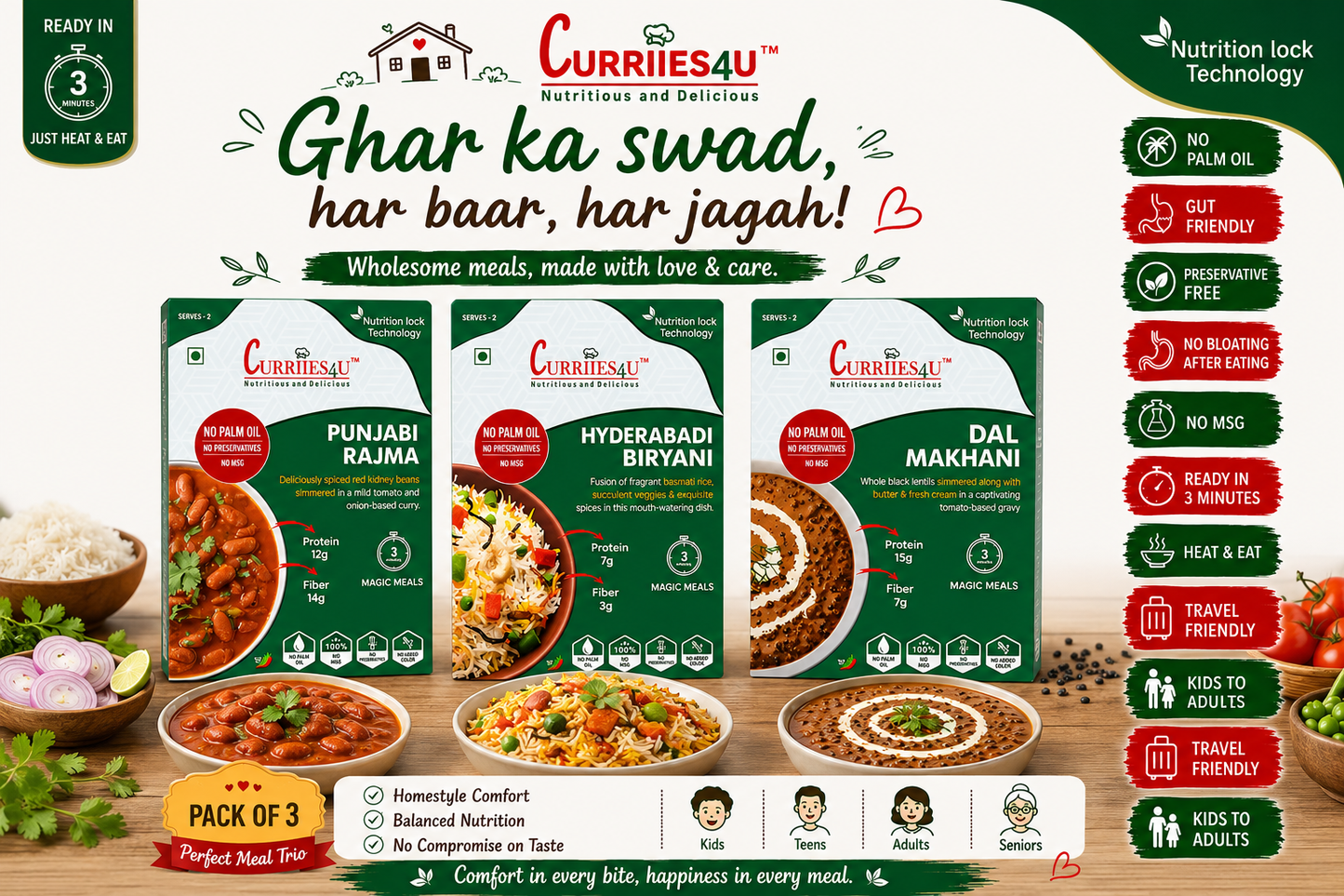 Currieries4u food packaging with various dishes and branding elements on a wooden surface.