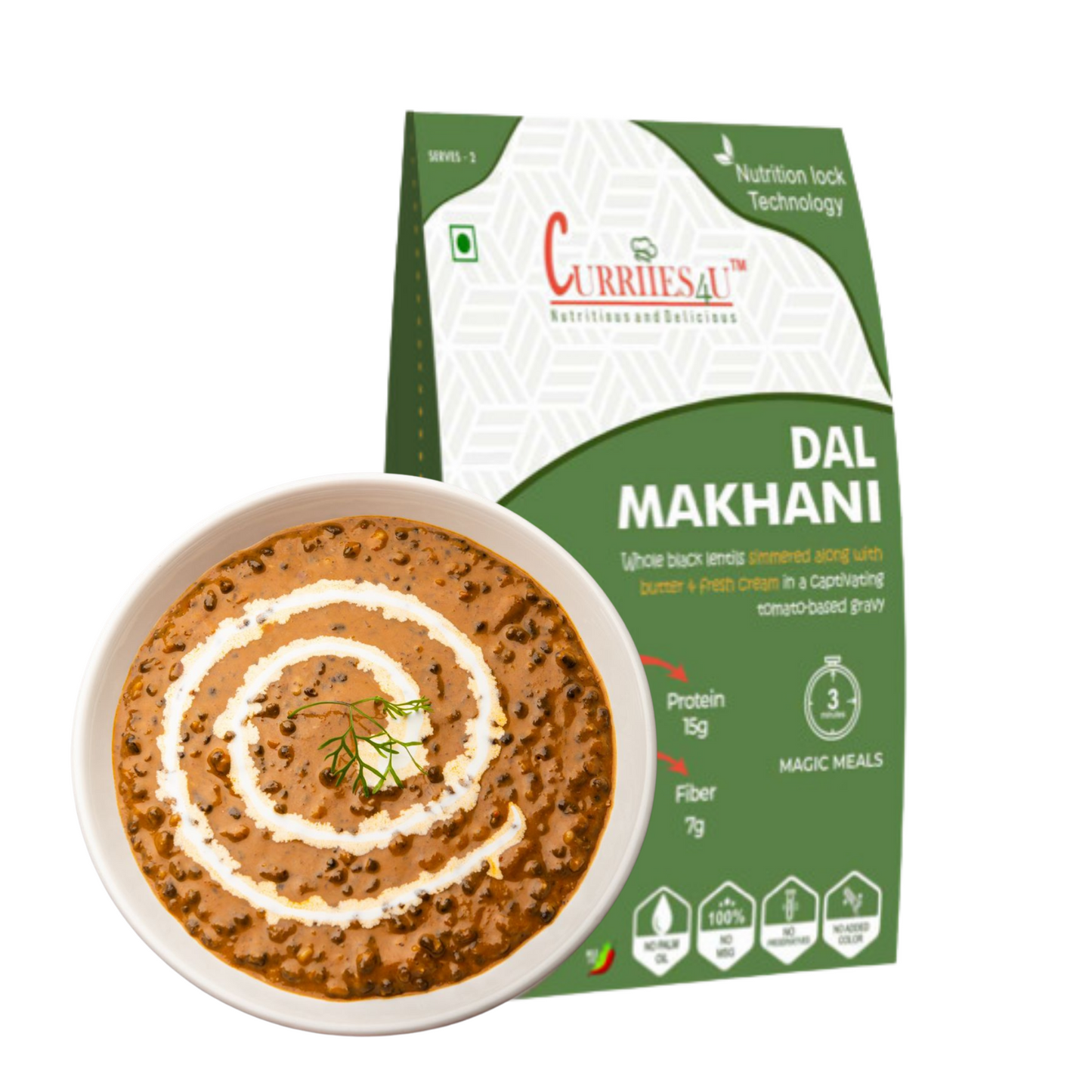 Dal Makhani β A rich and creamy North Indian dish made with slow-cooked black lentils and kidney beans, infused with butter and aromatic spices. 100% preservative-free, MSG-free, and ready in just 3 minutes for a comforting, home-style meal.