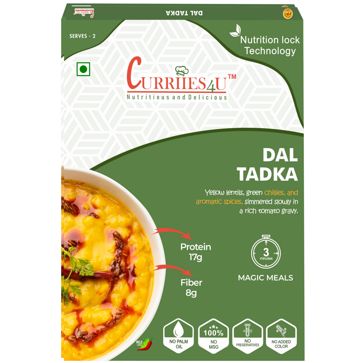 Dal Tadka – Flavorful yellow lentils tempered with aromatic spices. 100% preservative-free, MSG-free, and ready-to-eat in just 3 minutes. A healthy and delicious Indian meal!