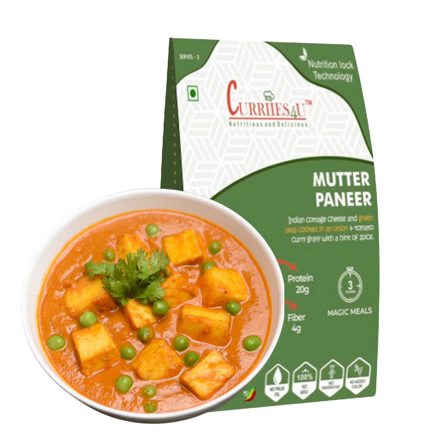 Mutter Paneer β A delicious North Indian dish featuring soft paneer cubes and green peas cooked in a rich, spiced tomato gravy. 100% preservative-free, MSG-free, and ready in just 3 minutes for a wholesome, flavorful meal.