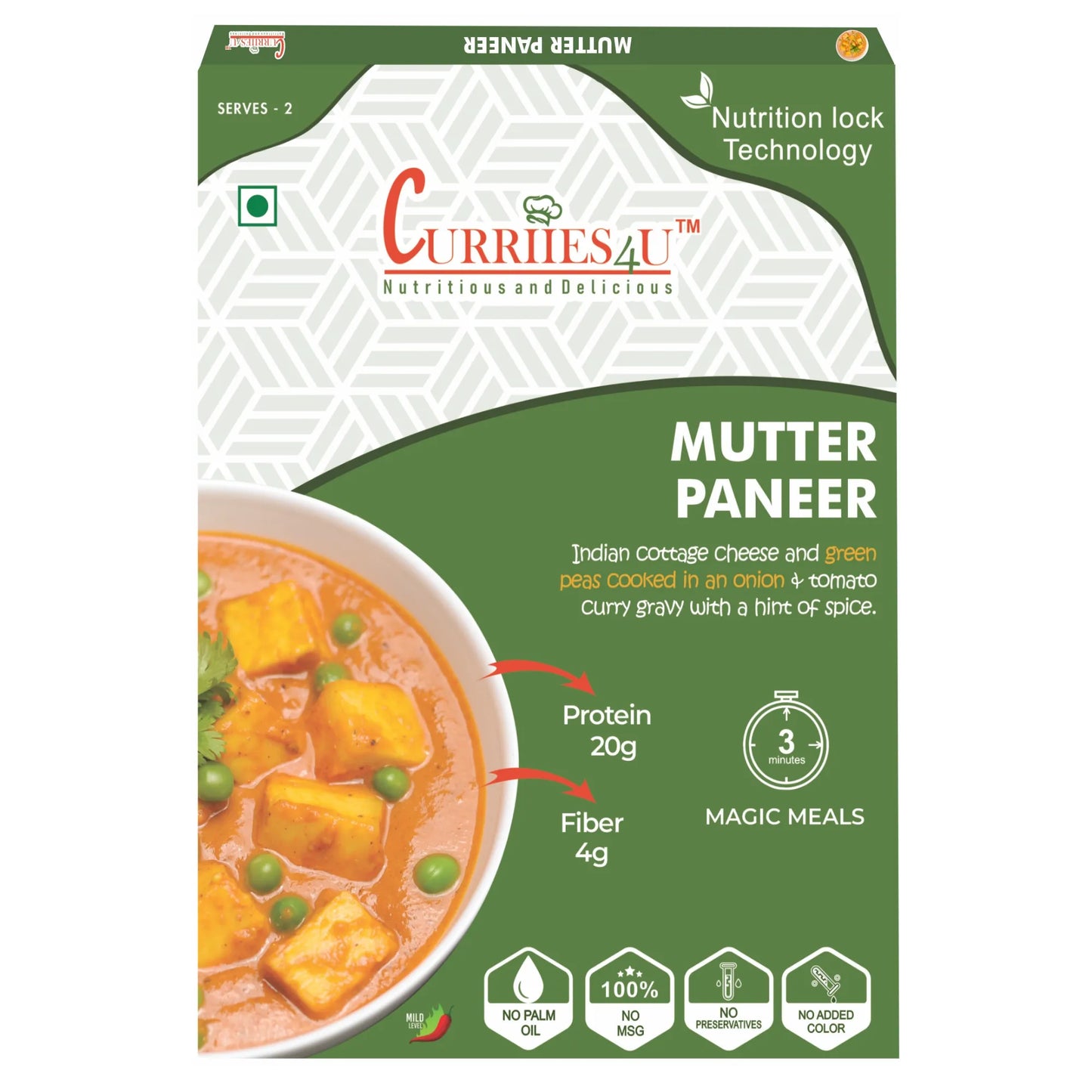 Mutter Paneer – Delicious North Indian curry with soft paneer cubes and green peas in a rich, spiced tomato gravy. 100% preservative-free, MSG-free, and palm oil-free. Ready to eat in just 3 minutes!"