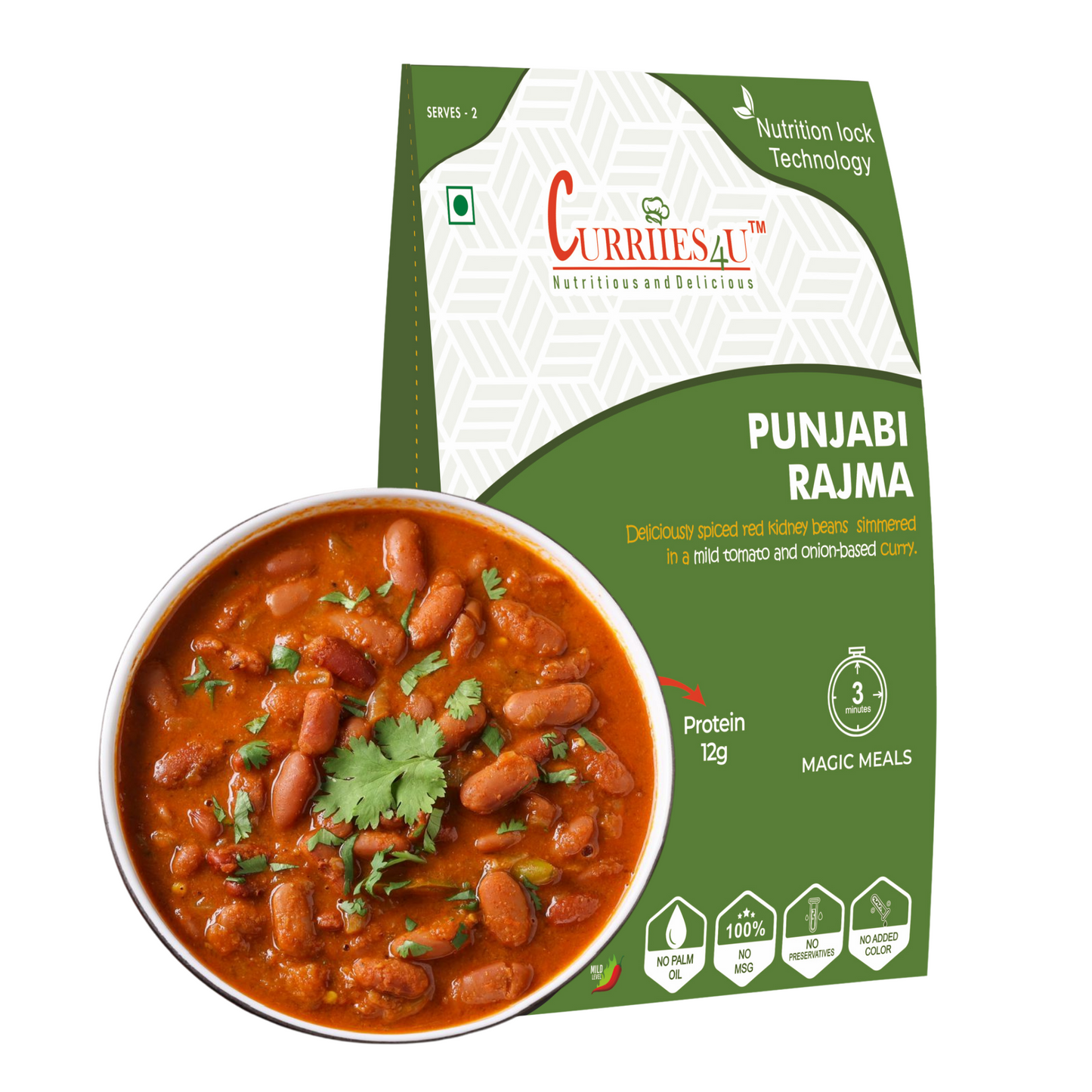 Punjabi Rajma - A hearty North Indian dish featuring slow-cooked kidney beans in a rich, spiced tomato gravy. 100% preservative-free, MSG-free, and ready in just 3 minutes. Perfect for a quick, nutritious meal.