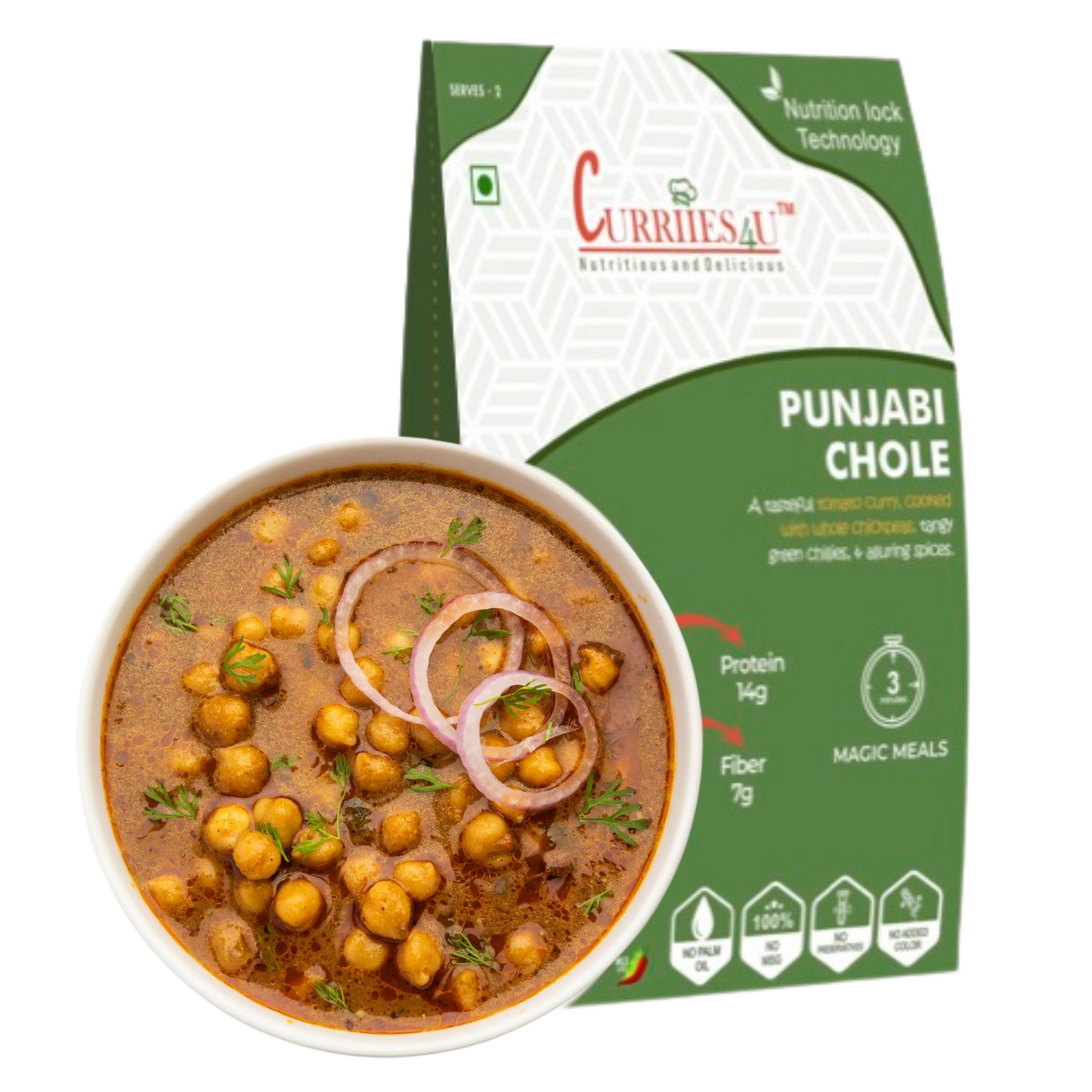 Punjabi Chole – A classic North Indian dish with tender chickpeas simmered in a rich, spiced gravy. 100% preservative-free, MSG-free, and ready in just 3 minutes for a quick, flavorful meal.