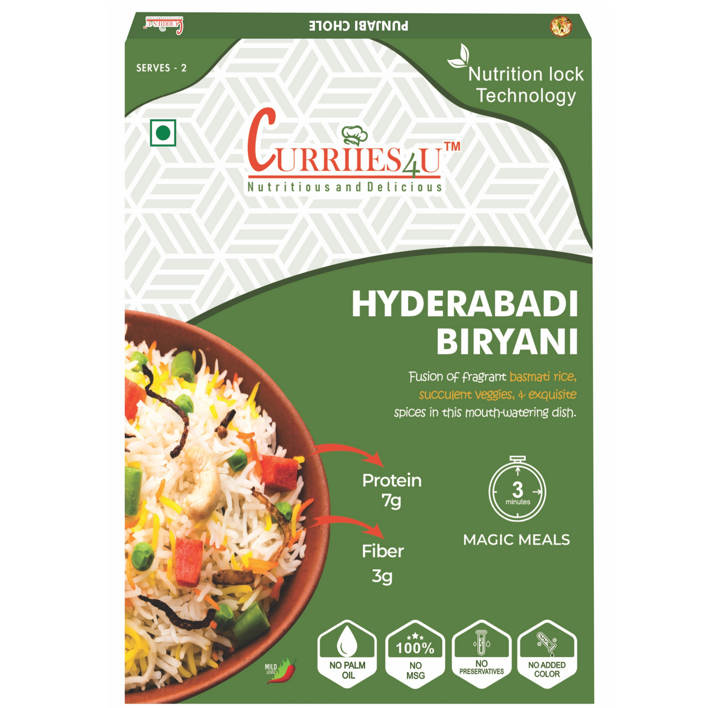 Veg Biryani – Aromatic basmati rice cooked with flavorful spices and fresh vegetables. 100% preservative-free, MSG-free, and ready-to-eat in just 3 minutes. A delicious and wholesome Indian meal!