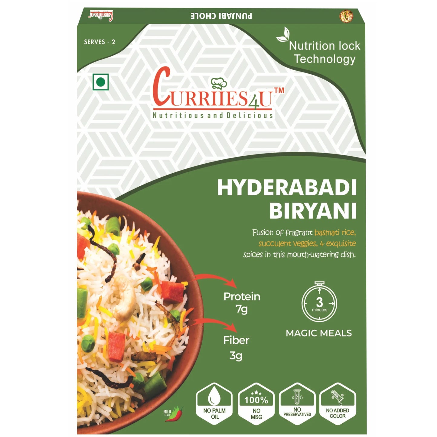 Veg Biryani – Aromatic basmati rice cooked with flavorful spices and fresh vegetables. 100% preservative-free, MSG-free, and ready-to-eat in just 3 minutes. A delicious and wholesome Indian meal!