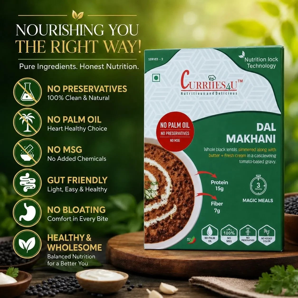 Curriies4u Dal Makhani ready-to-eat meal box featuring natural ingredients, protein-rich lentils, and no preservatives.