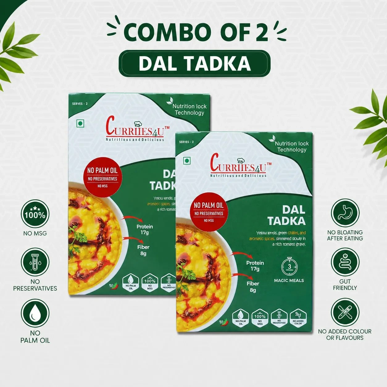Two Curriies4u Dal Tadka ready-to-eat meal boxes featuring yellow lentils, aromatic spices, and tomato gravy.
