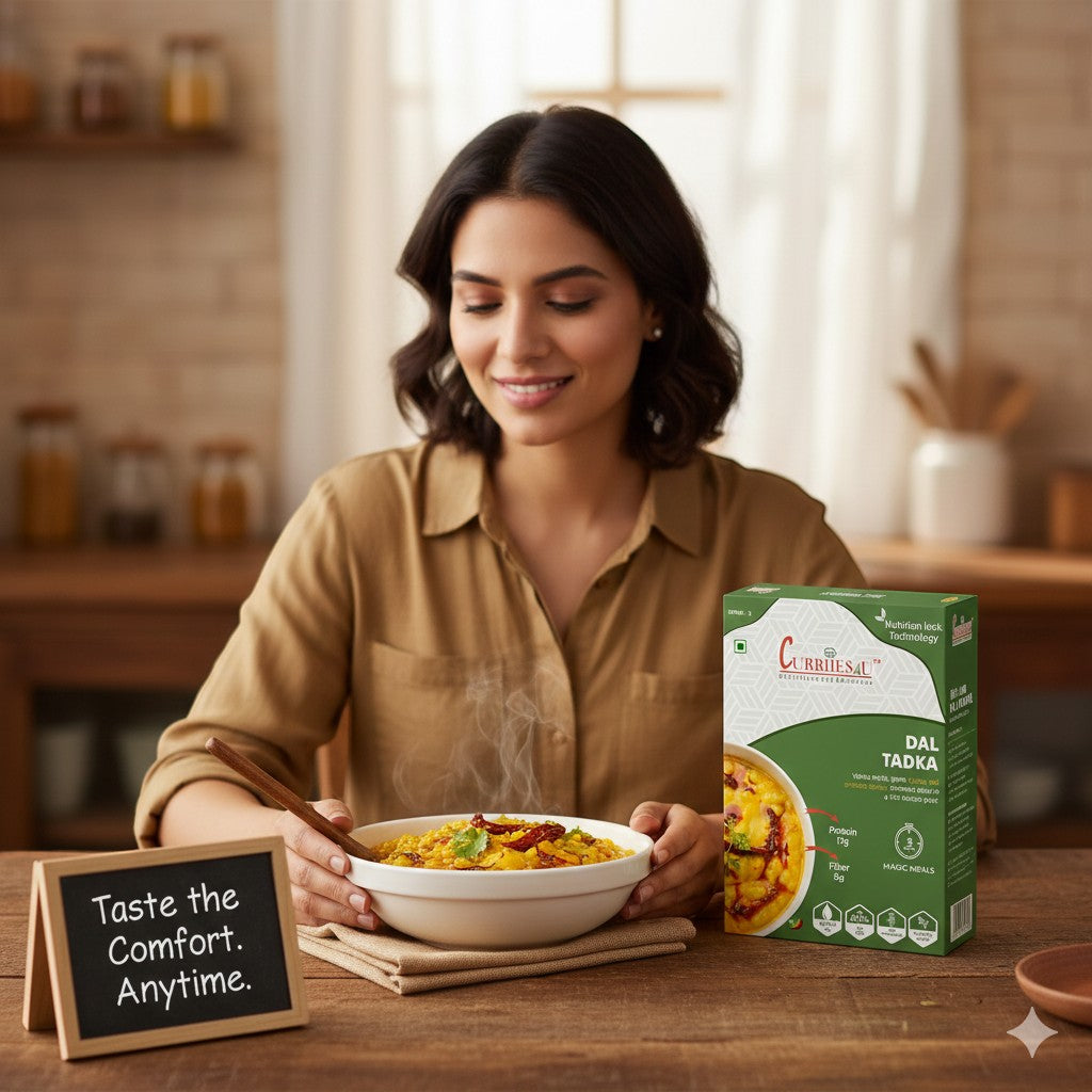 Woman enjoying a bowl of Curriies4u Dal Tadka next to the ready-to-eat meal box in a warm, rustic kitchen setting.