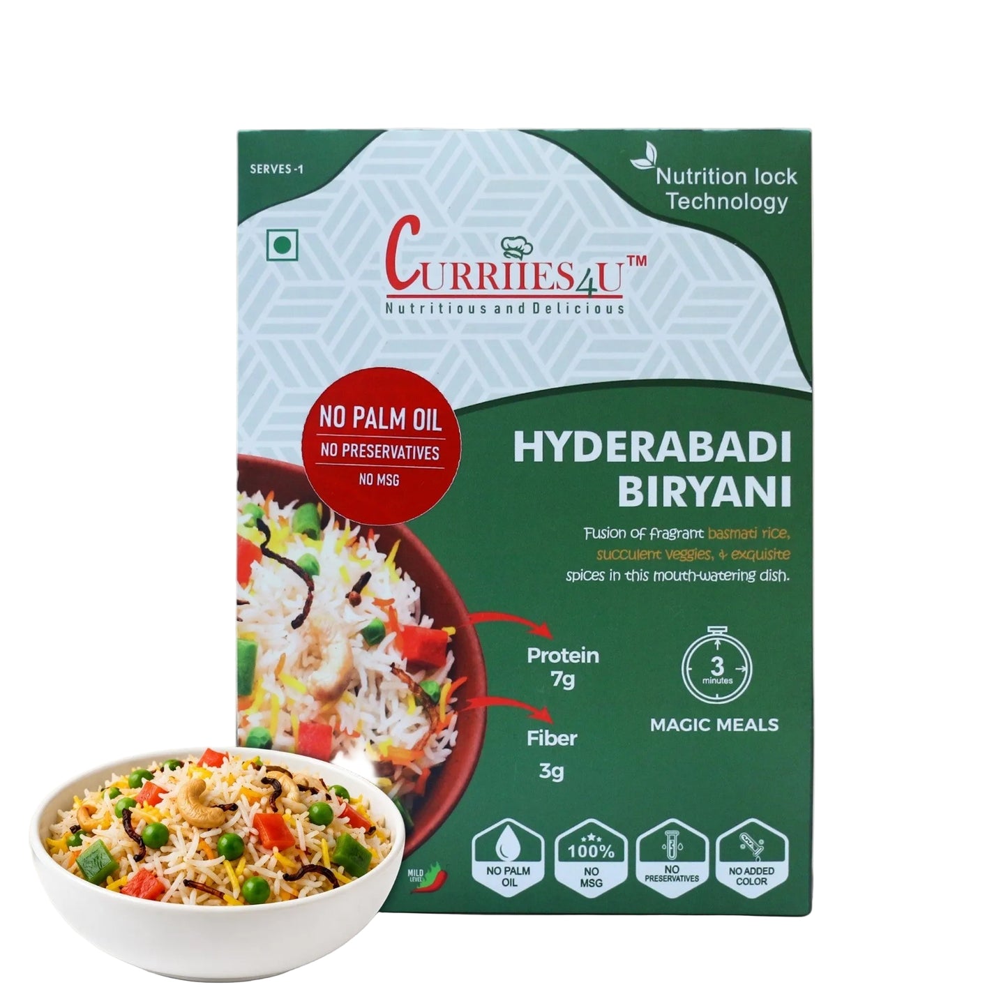 Curriies4U Hyderabadi Veg Biryani Ready to Eat Meal 300g – Authentic Hyderabadi Vegetable Biryani, Basmati Rice with Vegetables and Aromatic Spices, No Preservatives, No MSG, No Palm Oil, Instant Indian Meal, Healthy Vegetarian Food
