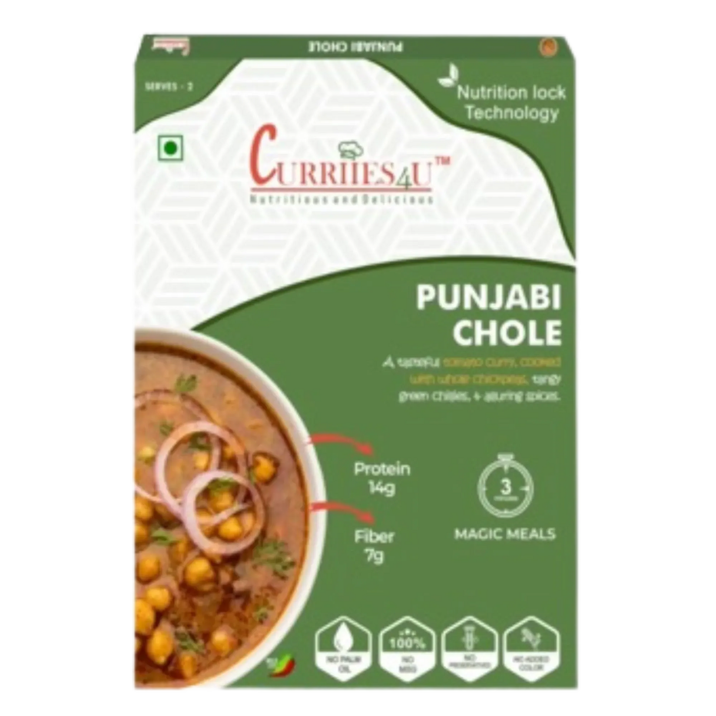 Curries4u Punjabi Chole packaging with a bowl of chole on a white background