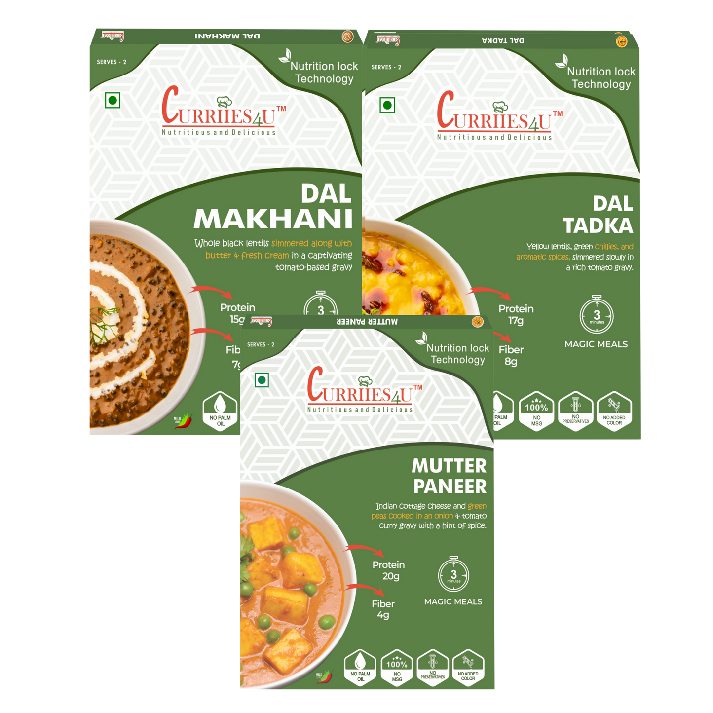 Dal Tadka + Dal Makhani + Mutter Paneer – Authentic Indian Meal Combo- Pack of 3 | Ready-to-Eat