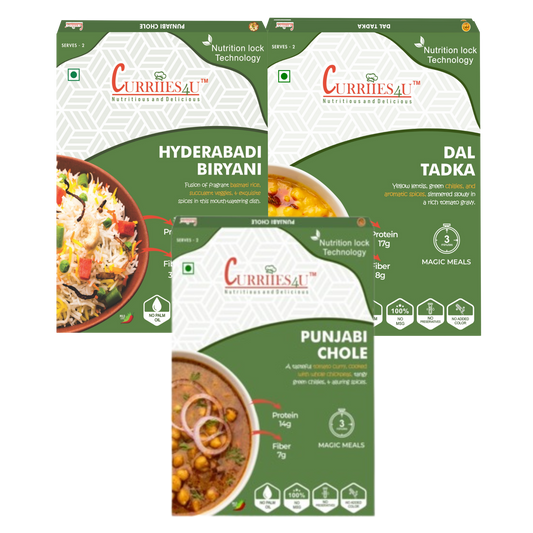 Punjabi Chole, Dal Tadka & Vegetable Hyderabadi Biryani – Pack of 3 | Ready-to-Eat Indian Meals