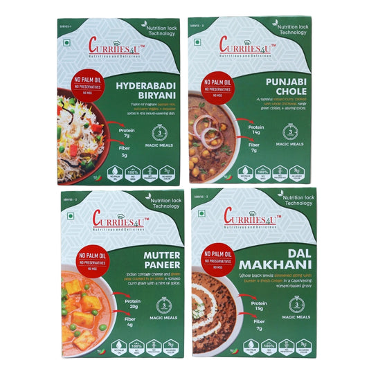 Read-To-Eat Dal Makhani, Mutter Paneer & Punjabi Chole & Veg.hyderabadi biryani - pack of 4