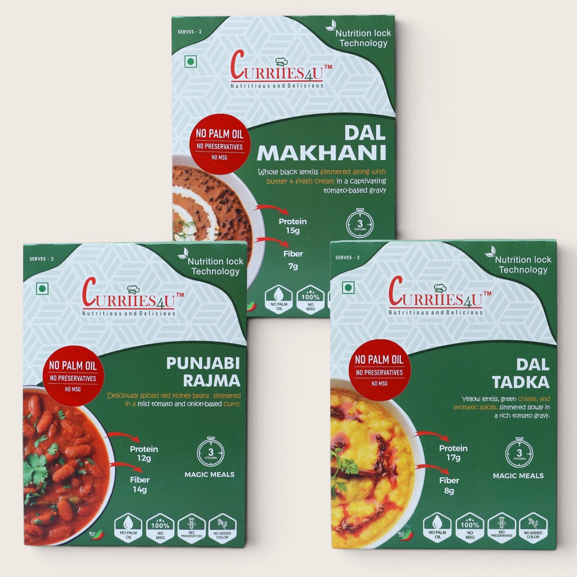 Curriies4U Dal Makhani, Punjabi Rajma & Dal Tadka Combo Pack | Ready to Eat Indian Meals | No Preservatives | No MSG | No Palm Oil | High Protein Vegetarian Food | 300g x 3 Packs