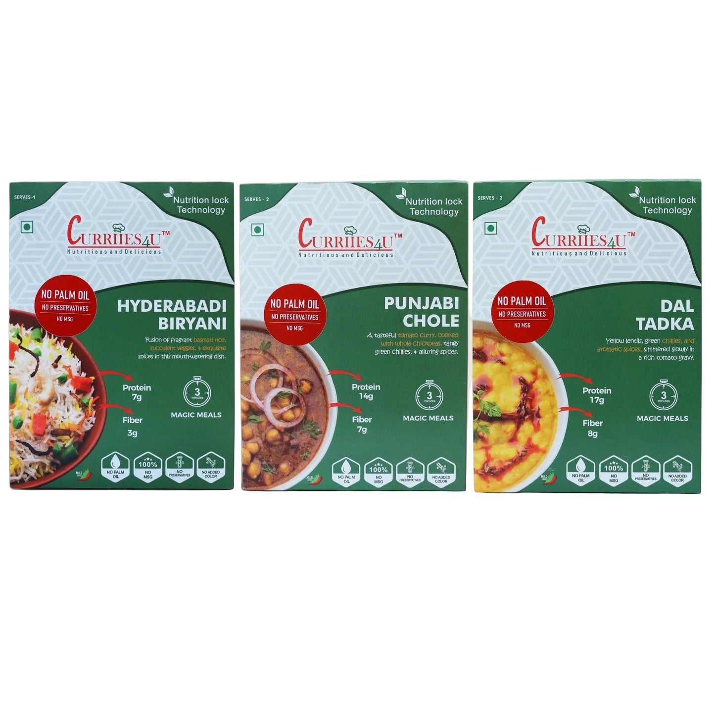 Curriies4u Punjabi Chole, Dal Tadka & Veg hyderabadi Biryani - pack of 3