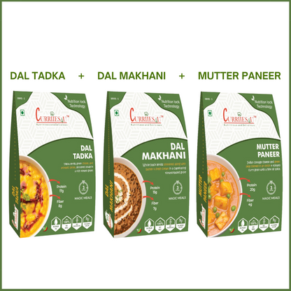 Dal Tadka + Dal Makhani + Mutter Paneer – Authentic Indian Meal Combo- Pack of 3 | Ready-to-Eat