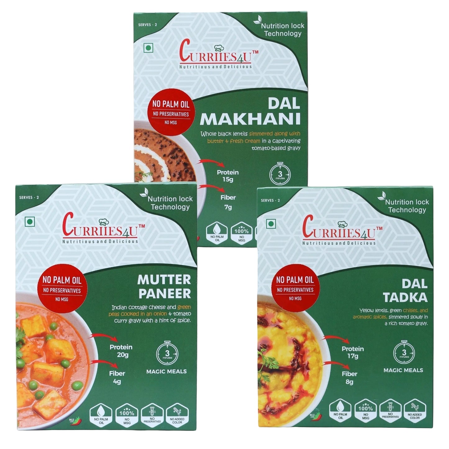 Curriies4u Ready-to-Eat Dal Tadka+Dal Makhani+Mutter Paneer