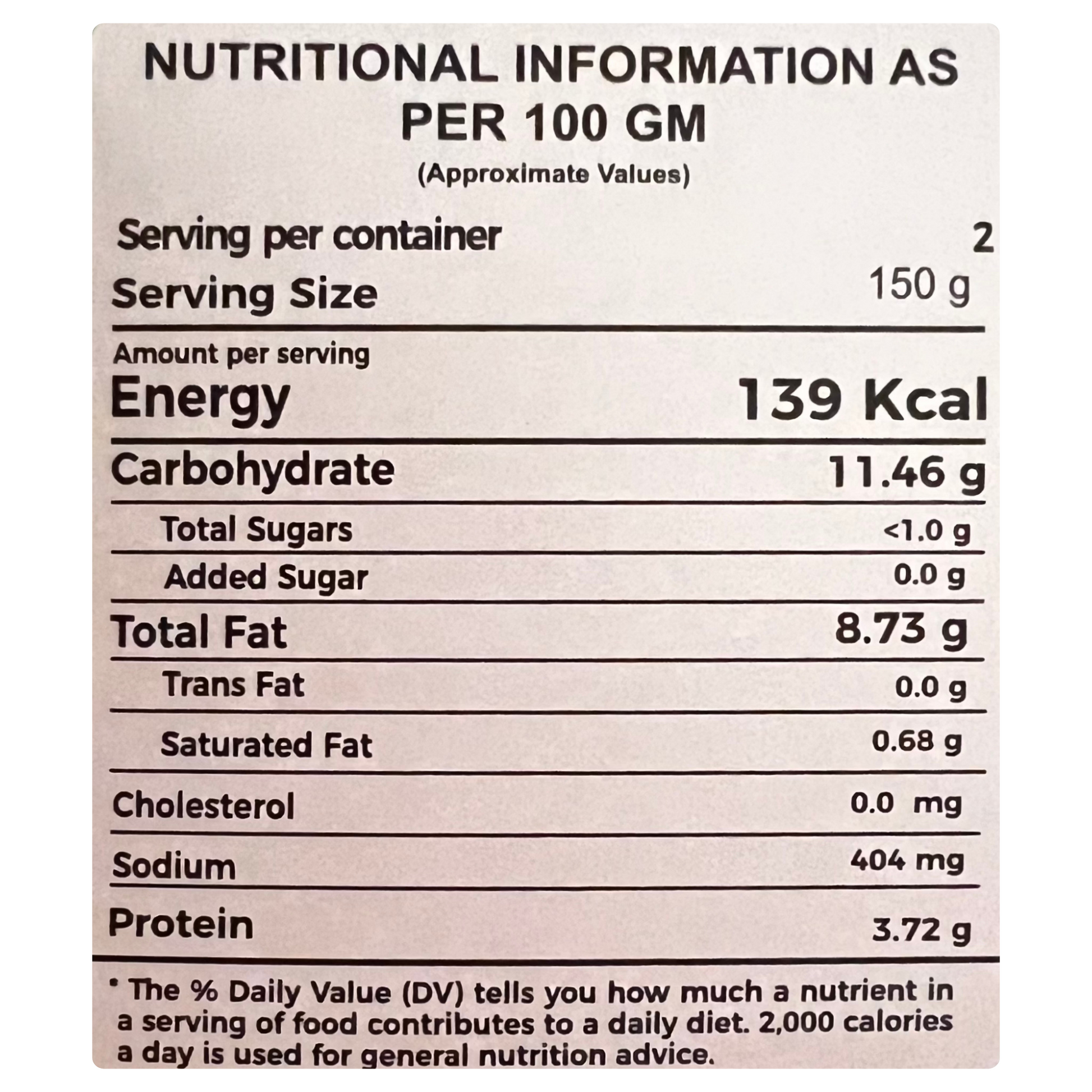 Nutritional Information table -ready to eat meal curriies4u