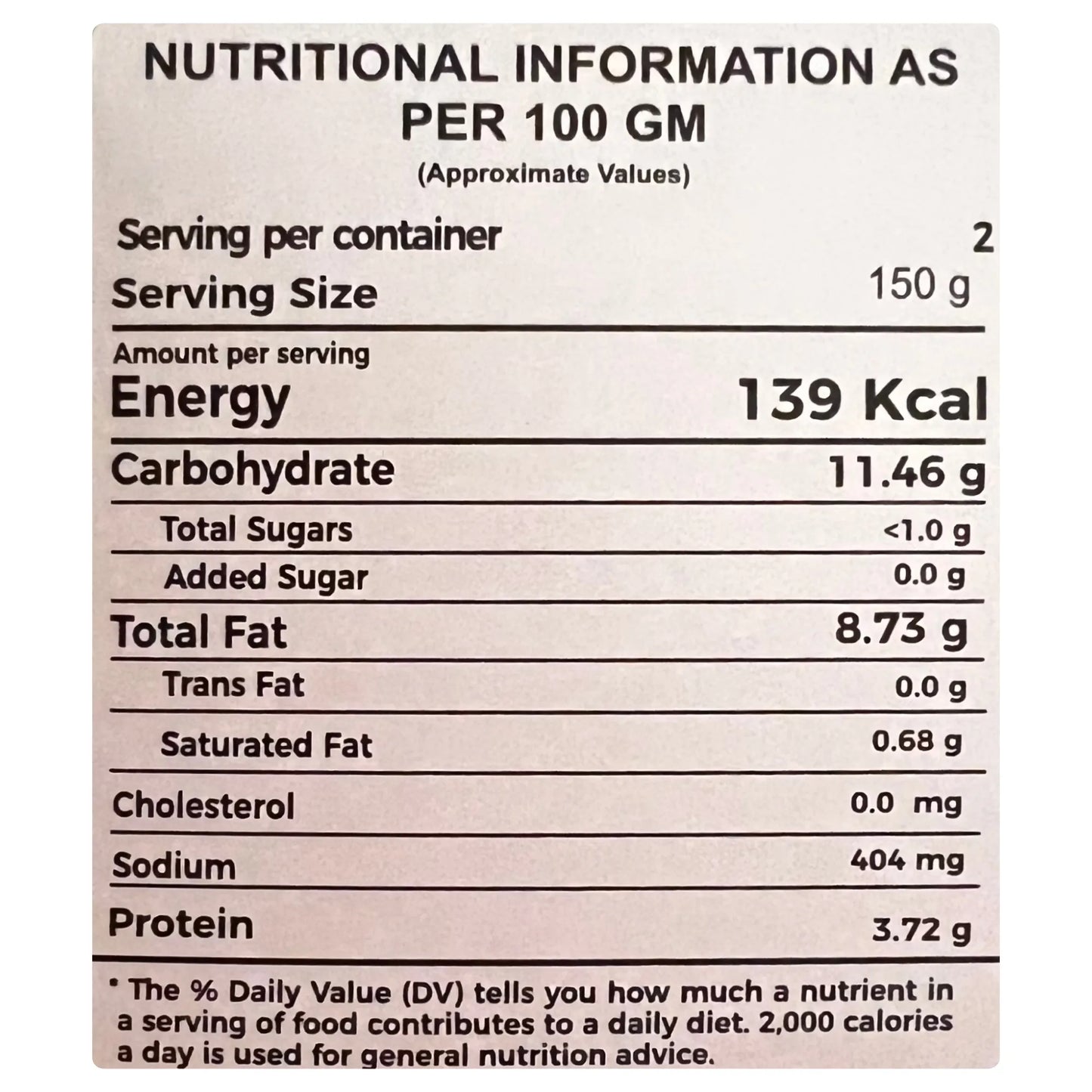 Nutritional Information table -ready to eat meal curriies4u