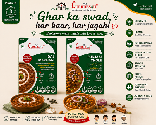 Curries4u food packaging with product images and text on a beige background
