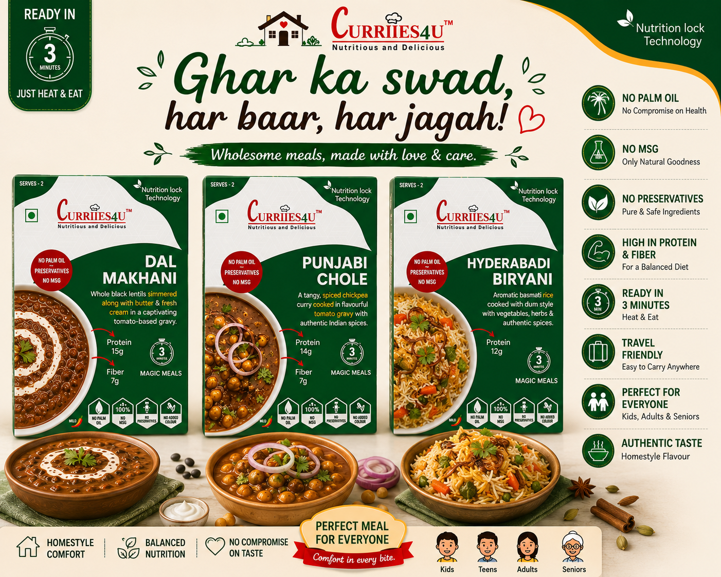 Curriies4U Ready to Eat Combo – Dal Makhani, Punjabi Chole & Hyderabadi Biryani | No Palm Oil | No MSG | Heat & Eat Meals