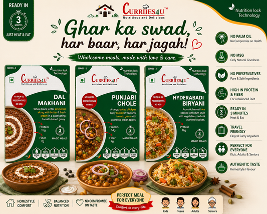 Curriies4U Ready to Eat Combo – Dal Makhani, Punjabi Chole & Hyderabadi Biryani | No Palm Oil | No MSG | Heat & Eat Meals