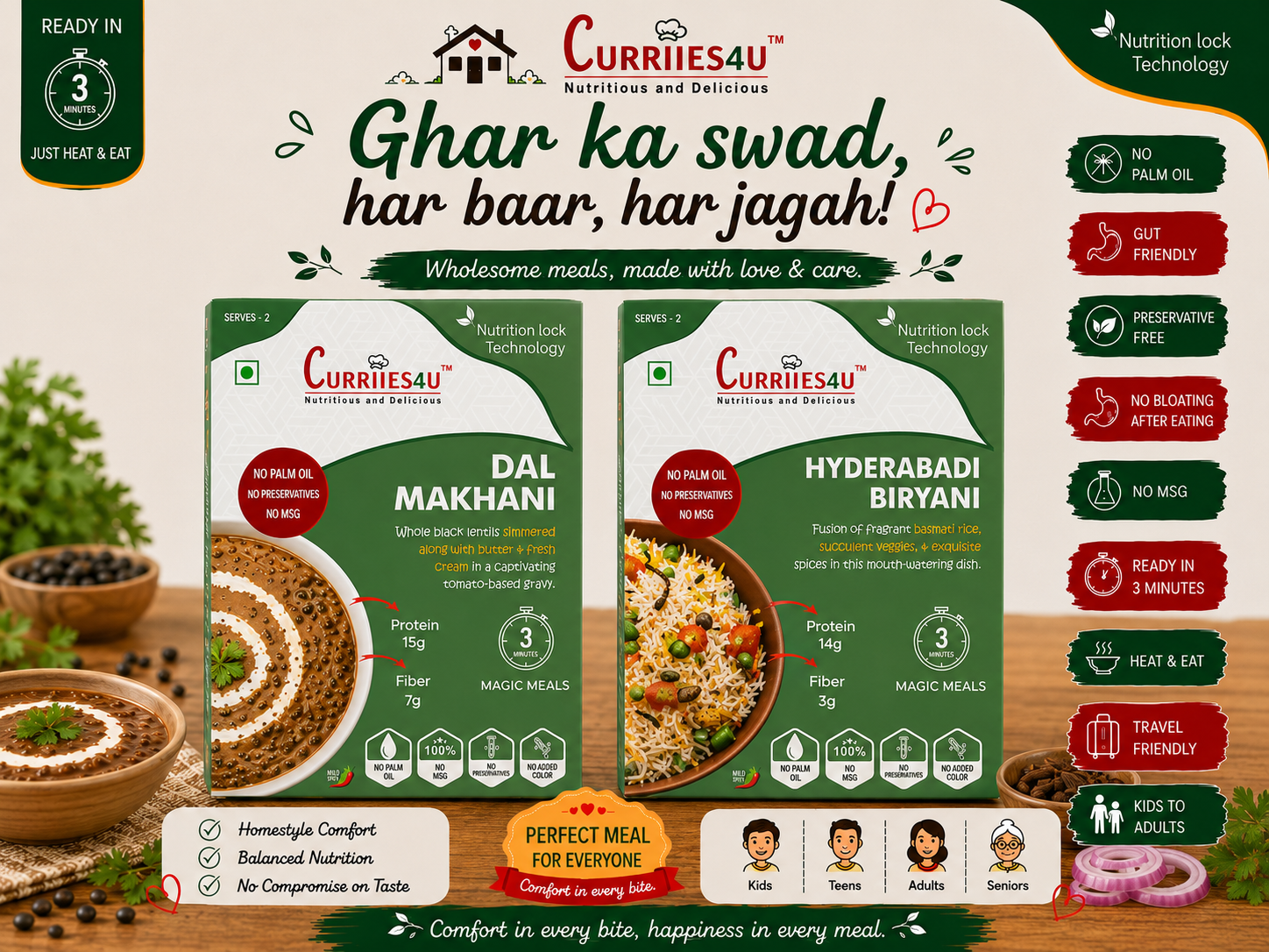 Curries au food packaging with product images and text on a beige