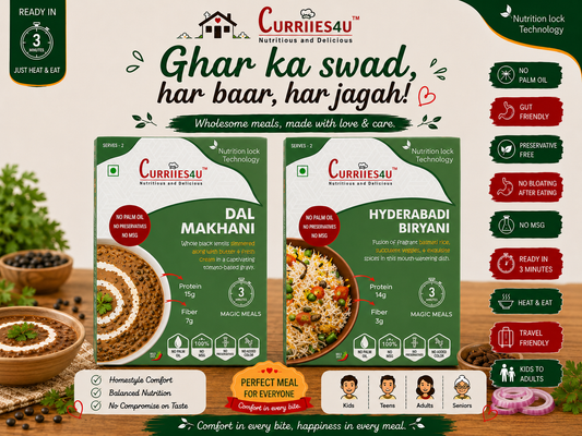 Curries au food packaging with product images and text on a beige