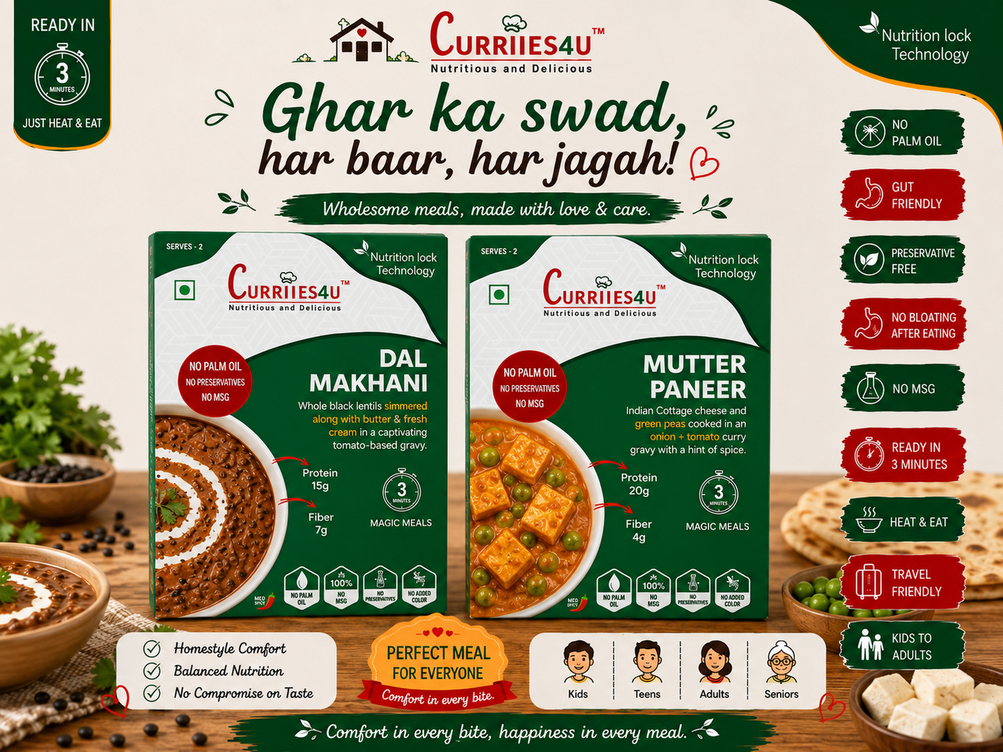 Curriies4u Ready-to-Eat Dal Makhani & Mutter Paneer Combo