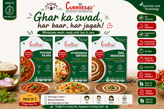 Currieries4u food packaging with various dishes and branding elements on a wooden surface.

