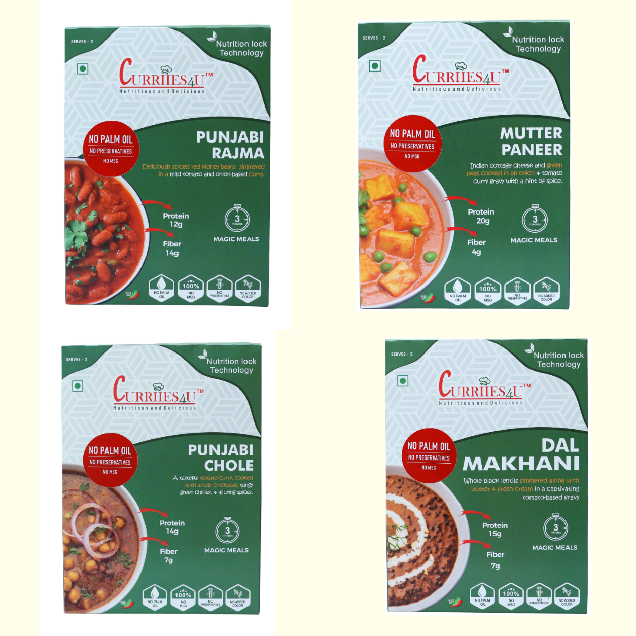 Includes Dal Makhani, Punjabi Chole, Punjabi Rajma & Mutter Paneer