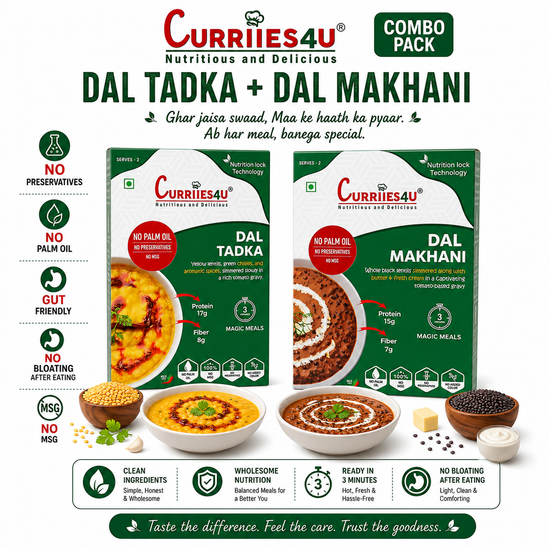 Curries4u Dal Tadka and Dal Makhani combo pack with product details on a white background

