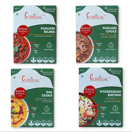 Curriies4U ready-to-eat Indian meal combo with Rajma, Chole, Dal Tadka, and Hyderabadi Biryani – preservative-free and ready in 3 minutes.