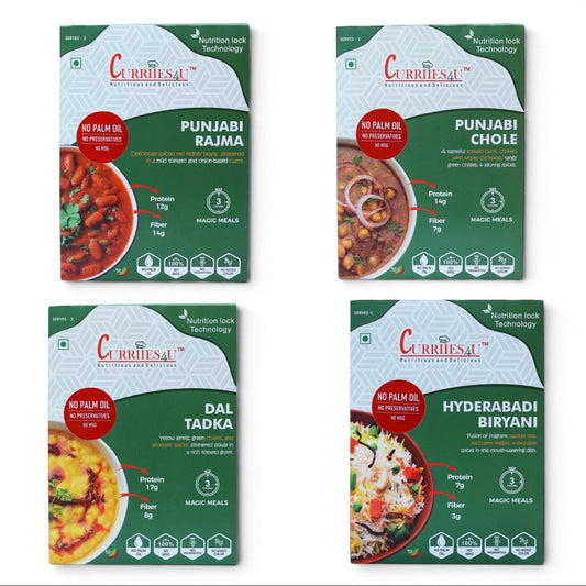 Curriies4U ready-to-eat Indian meal combo with Rajma, Chole, Dal Tadka, and Hyderabadi Biryani – preservative-free and ready in 3 minutes.
