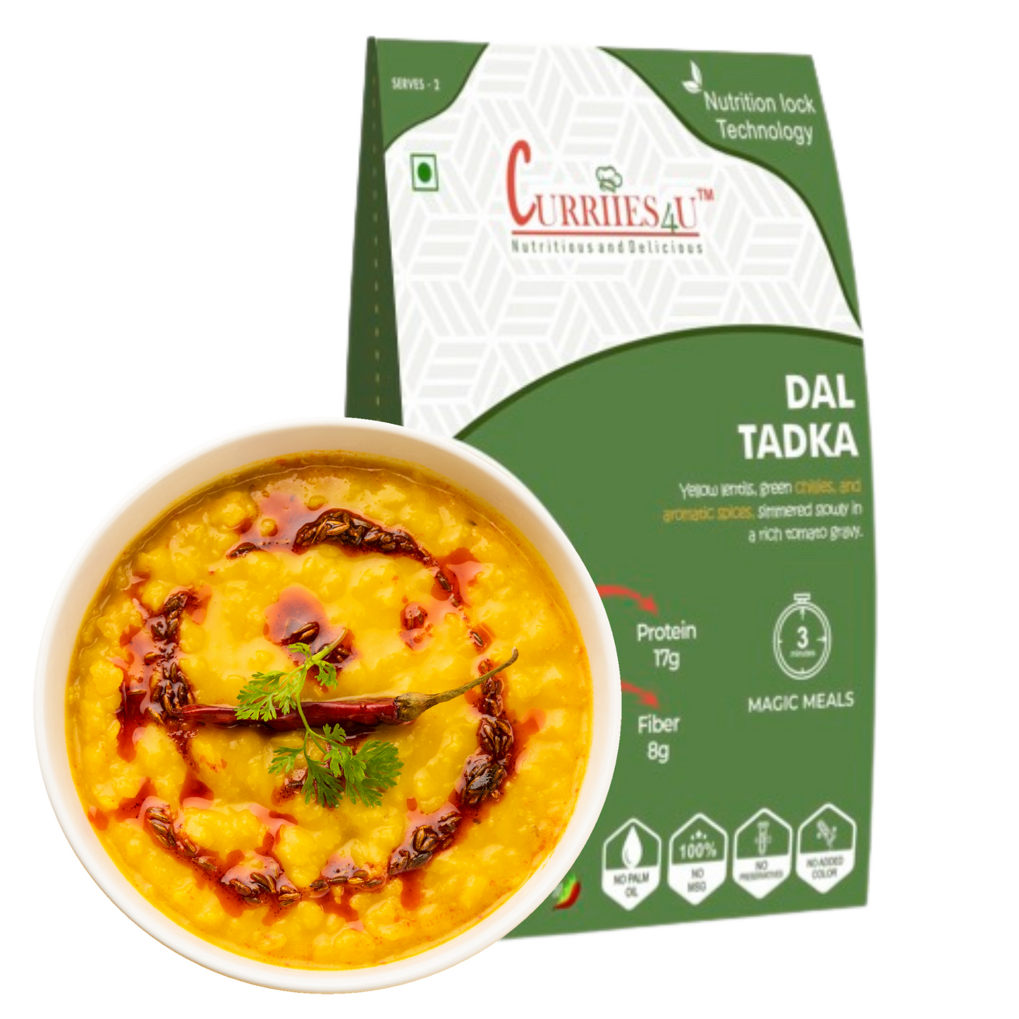 Dal Tadka – Flavorful yellow lentils tempered with aromatic spices. 100% preservative-free, MSG-free, and ready-to-eat in just 3 minutes. A healthy, protein-rich meal for home-cooked comfort anytime!