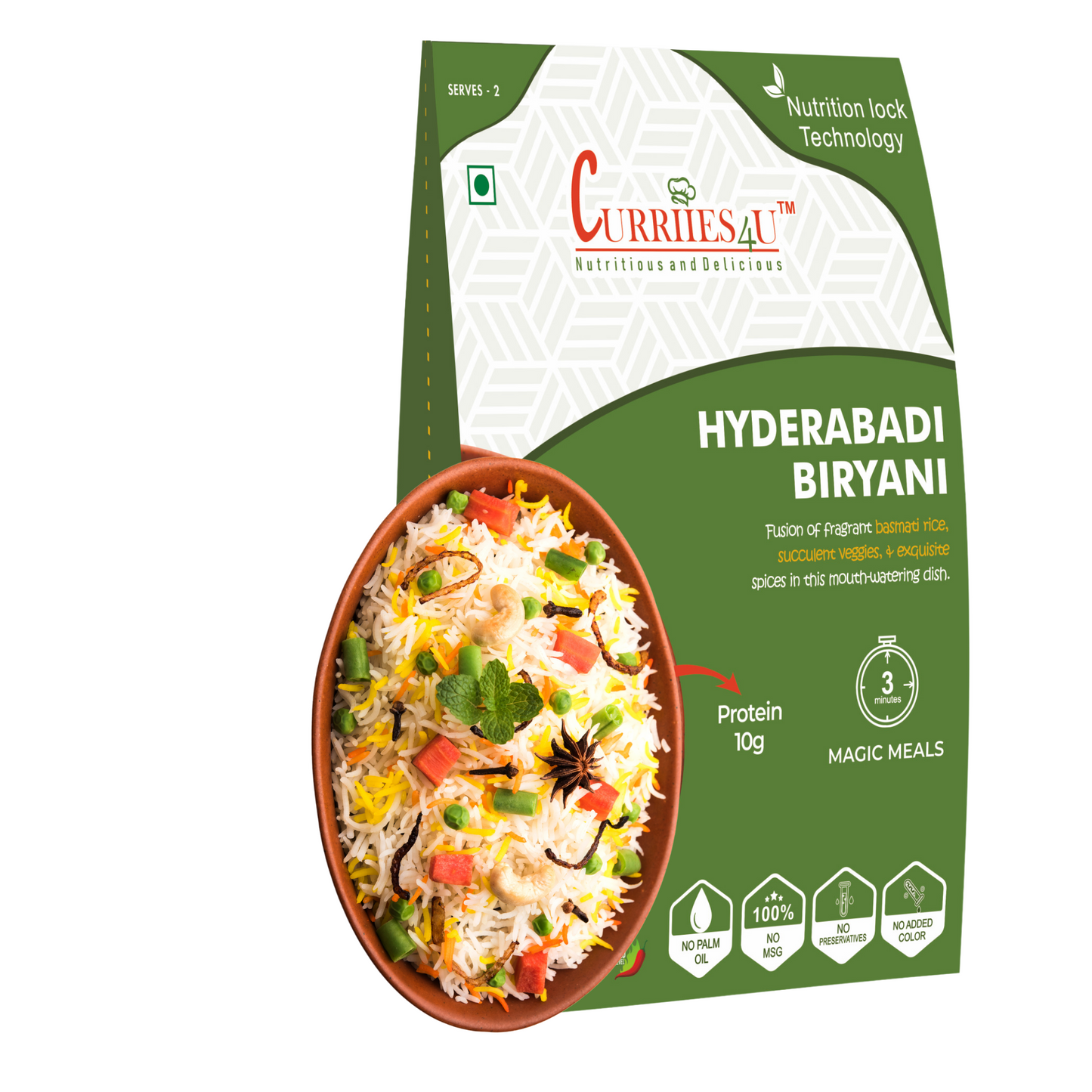 Hyderabadi Vegetable Biryani – A fragrant and flavorful dish made with long-grain basmati rice, fresh vegetables, and aromatic spices. 100% preservative-free, MSG-free, and ready in just 3 minutes for a delicious, authentic meal.