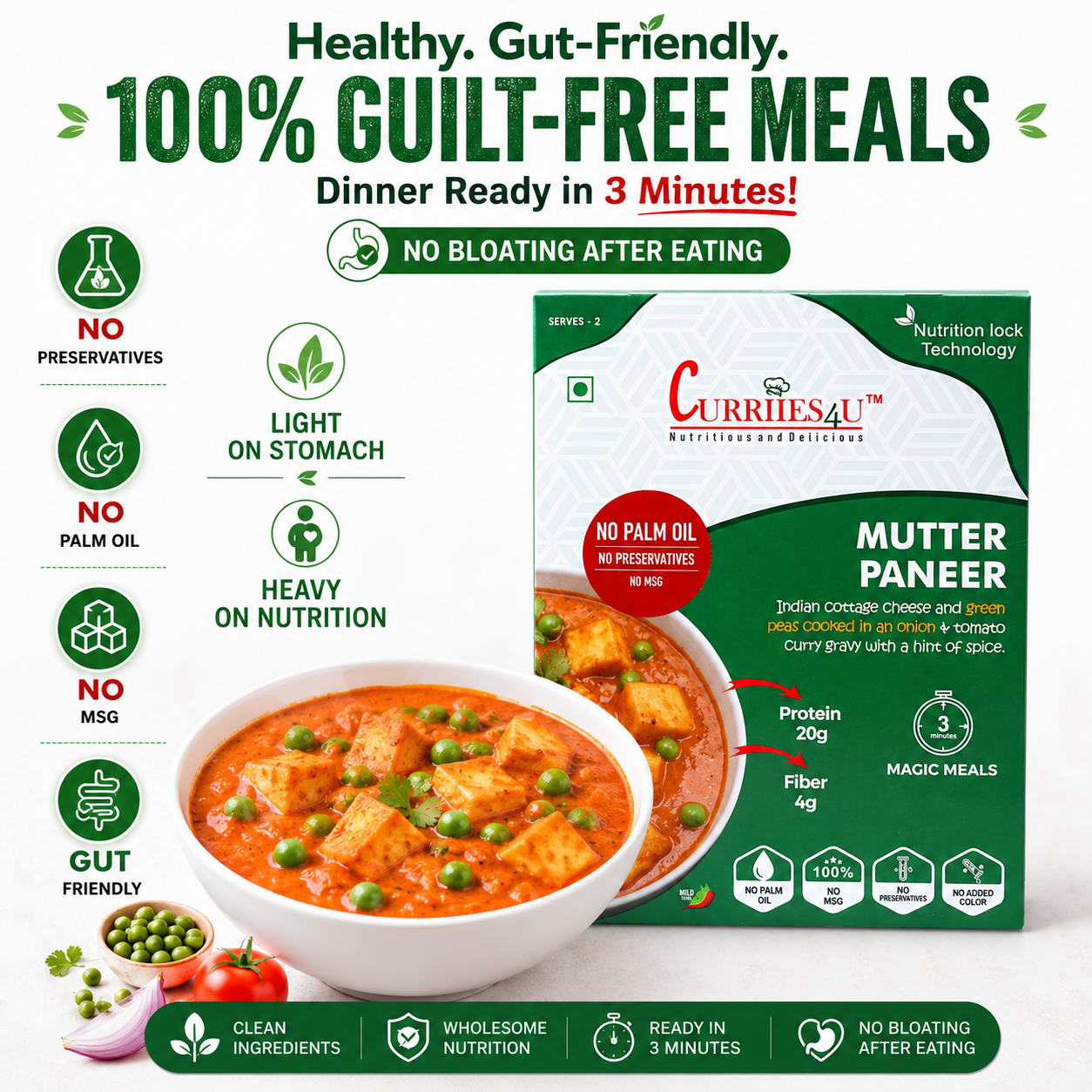 Curry box with Mutter Paneer and promotional text about healthy, gut-friendly meals.

