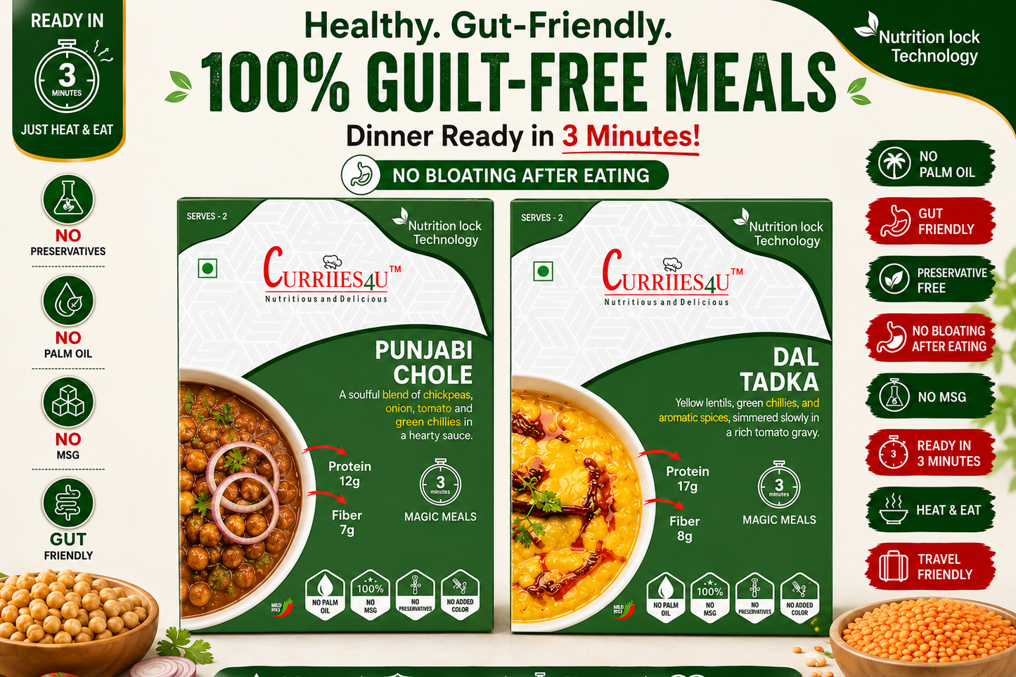 Curries4U food packaging with images of Punjabi Chole and Dal Tadka, highlighting health benefits and features.