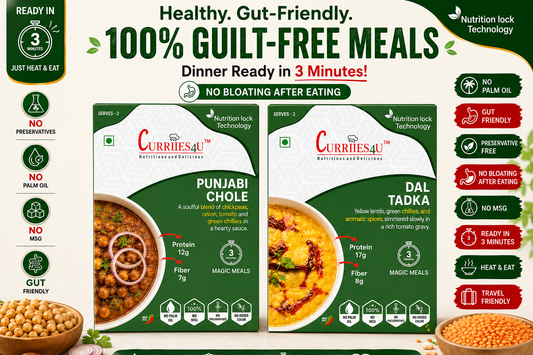 Curries4U food packaging with images of Punjabi Chole and Dal Tadka, highlighting health benefits and features.