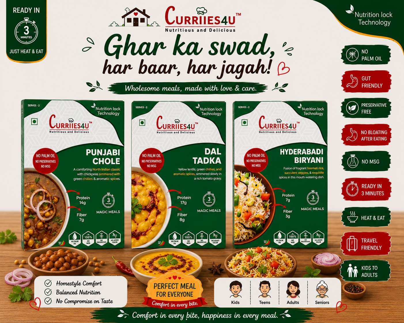 Curries4U food packaging with various dishes and product features on a wooden surface.