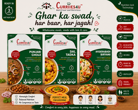 Curries4U food packaging with various dishes and product features on a wooden surface.