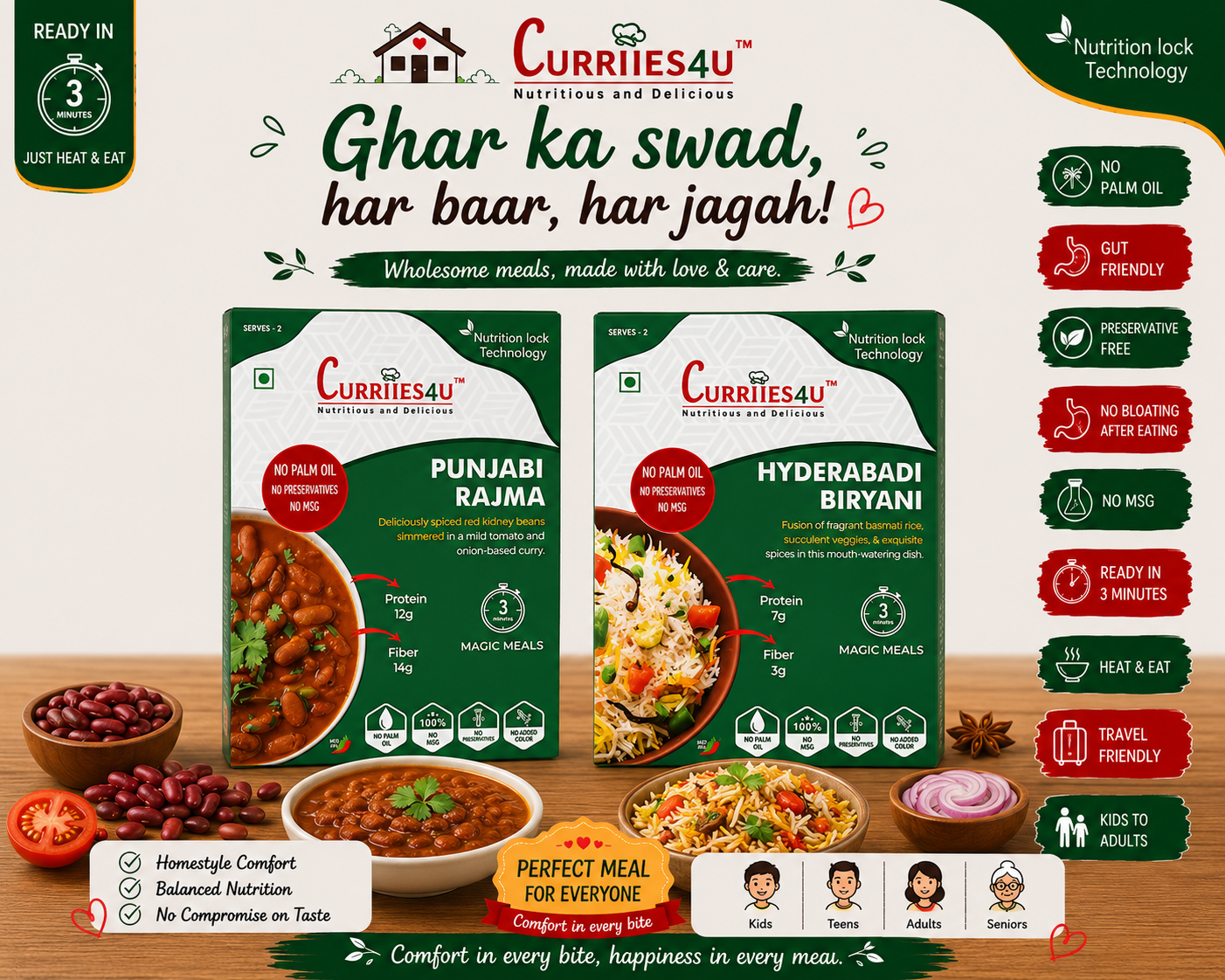 Curriees4u food packaging with Punjabi Rajma and Hyderabad Biryani on a wooden table.