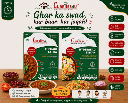 Curriees4u food packaging with Punjabi Rajma and Hyderabad Biryani on a wooden table.