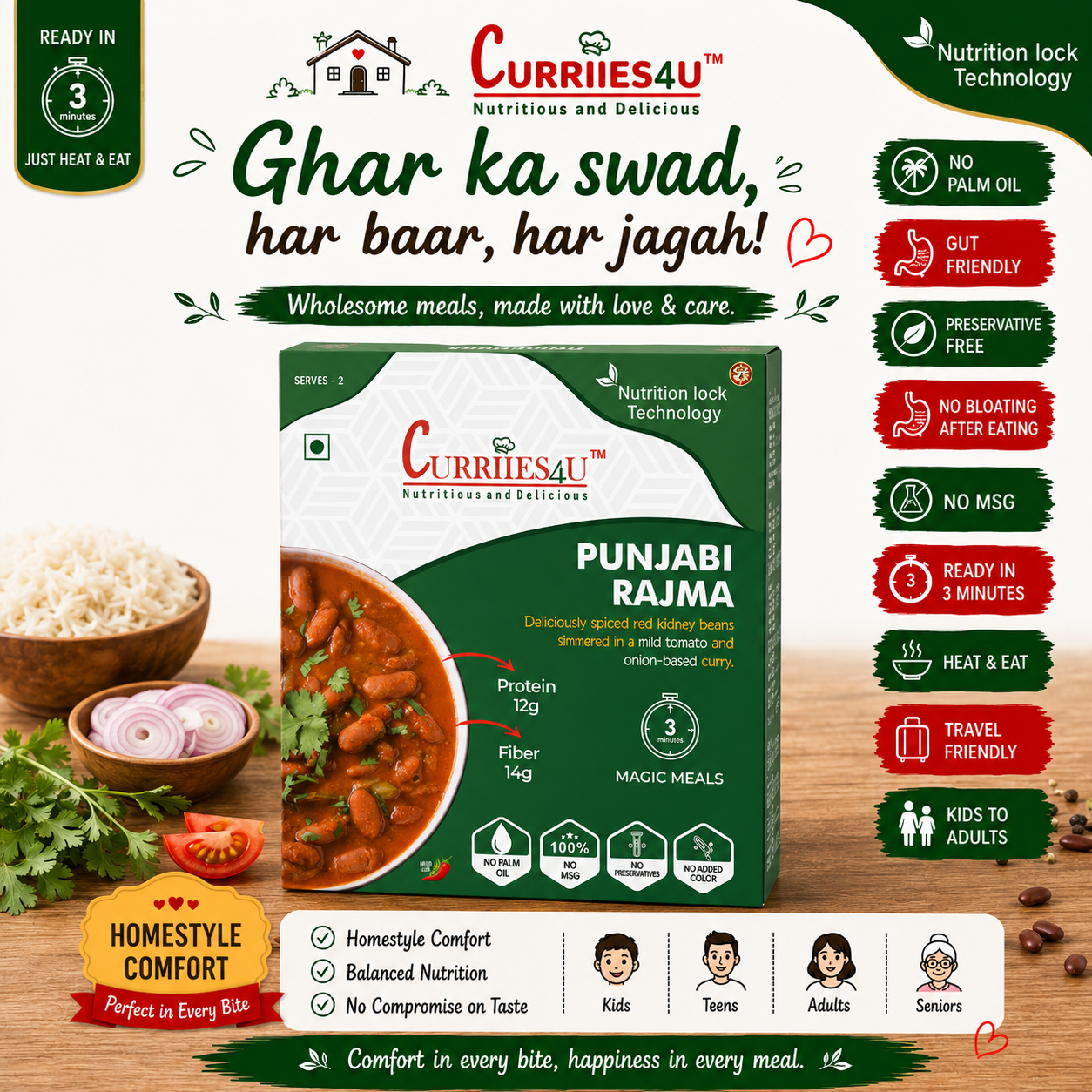 Punjabi Rajma packaging with ingredients and features on a wooden surface 