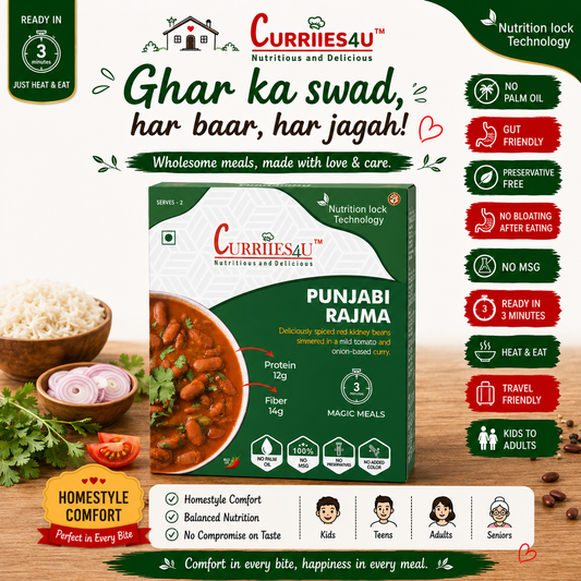 Punjabi Rajma packaging with ingredients and features on a wooden surface 