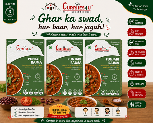Curriies4u Punjabi Rajma meal packaging with branding and product details on a wooden surface.

