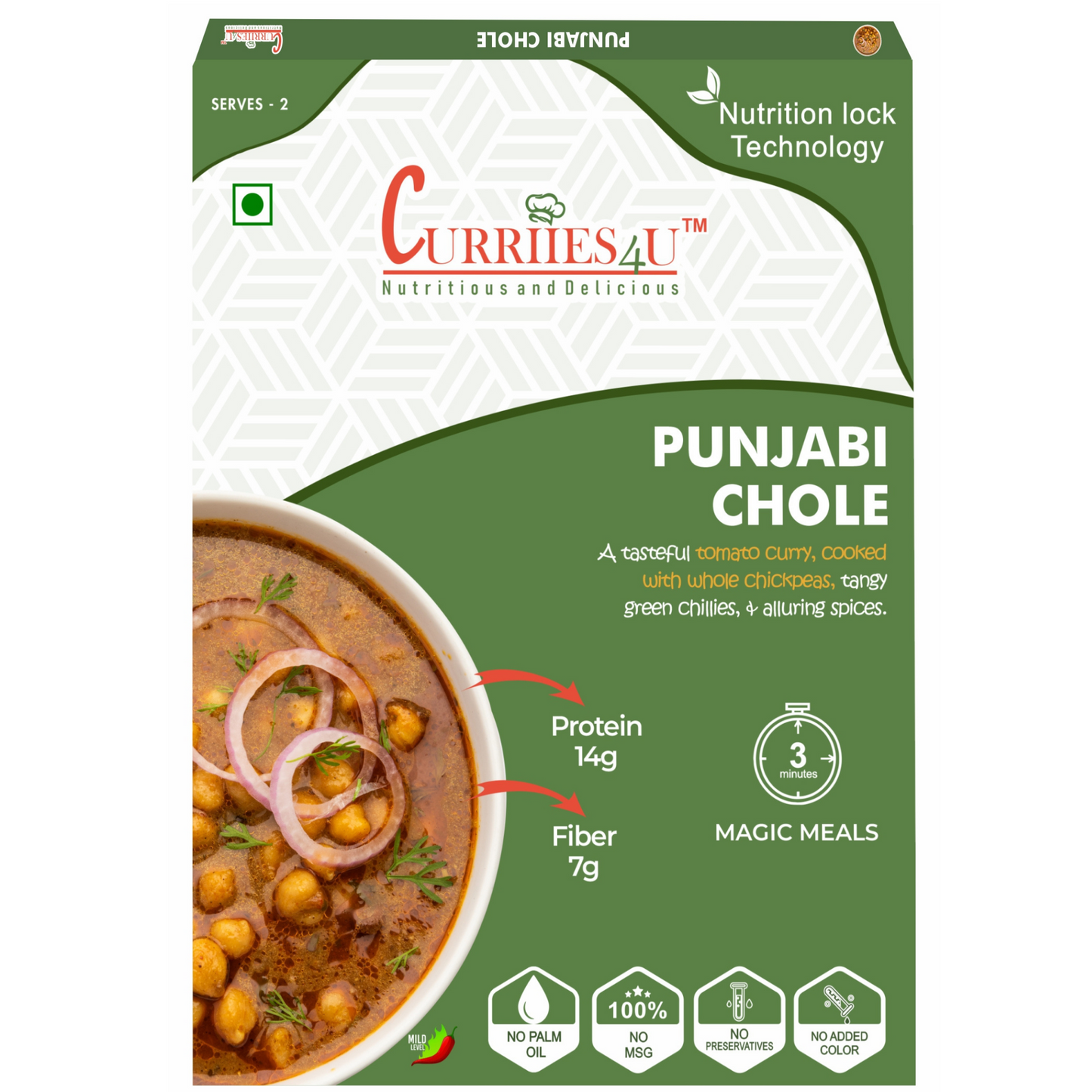 Punjabi Chole – Authentic North Indian chickpea curry cooked in a rich, spiced gravy. 100% preservative-free, MSG-free, and ready to eat in just 3 minutes. A healthy, protein-rich meal for busy lifestyles