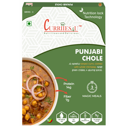 Punjabi Chole – Authentic North Indian chickpea curry cooked in a rich, spiced gravy. 100% preservative-free, MSG-free, and ready to eat in just 3 minutes. A healthy, protein-rich meal for busy lifestyles